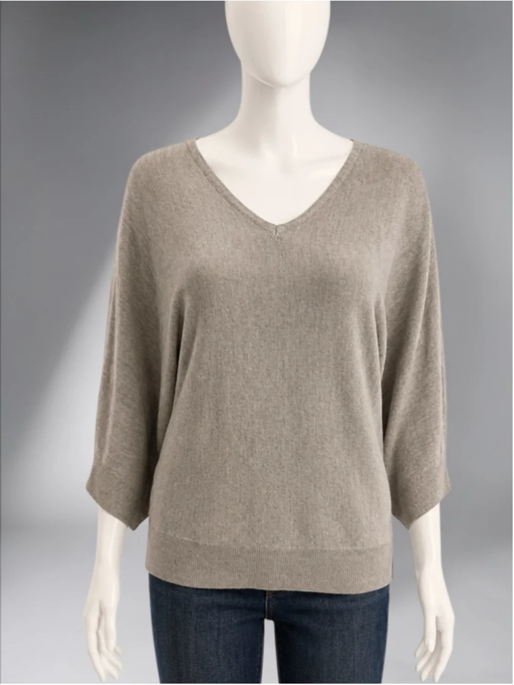 New York & Company Taupe Bell Batwing Sleeve V-Neck Sweater